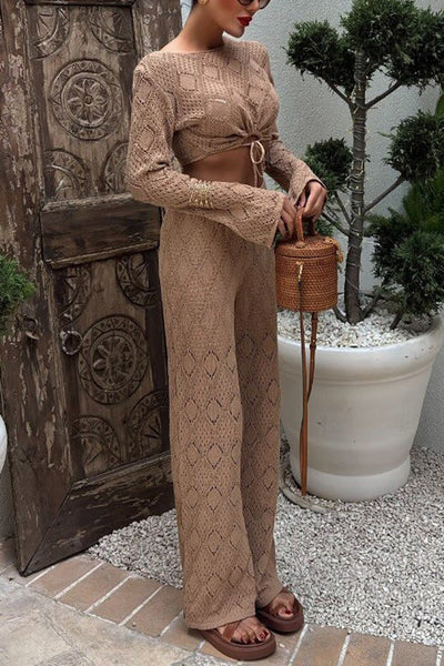 Solid Color Hollow Short Long-sleeved Top and Casual Stretch Wide-leg Pants Knitted Set