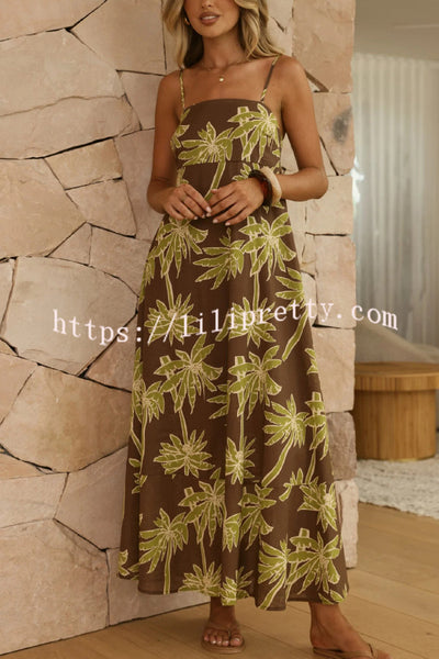 Coconut Tree Print Sleeveless Camisole Casual Vacation Maxi Dress