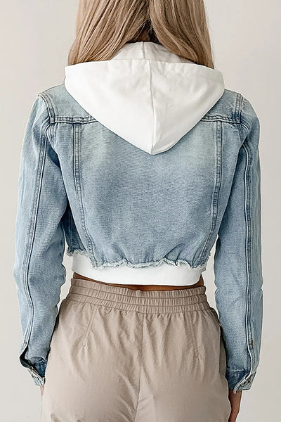 Fashionable Patchwork Hooded Casual Long-sleeved Denim Jacket