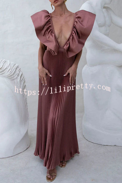 Merry and Bright Satin Deep V-neck Dramatic Ruffled Sleeve Pleated Maxi Dress