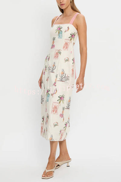 Plant Print Sleeveless Square Neck Open Back Tie Casual Midi Dress