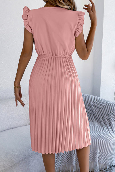 Solid Color V-neck Lace-trimmed Sleeveless Casual Pleated Midi Dress