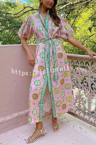 Orla Unique Print Balloon Sleeves Printed Belt Pocket Midi Dress