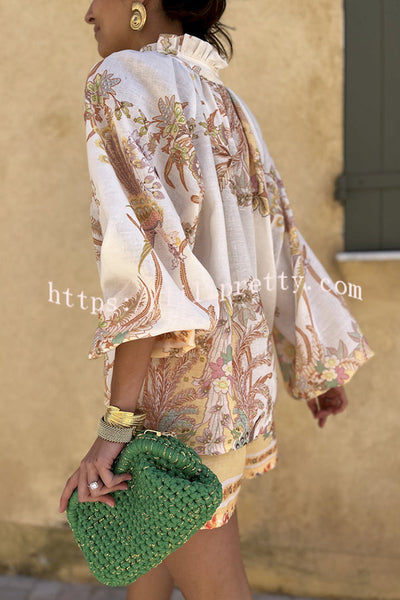 Botanical Print Palace Style Stand-up Collar Lantern Sleeve Loose Top and Casual Shorts Set
