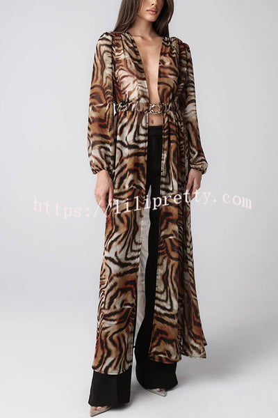Adrenia Leopard Print Long Sleeve Metal Buckle Elastic Waist Cover-up Midi Coat