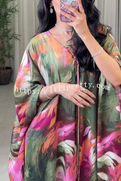 Unique Printed Loose V-Neck Kaftan Robe Maxi Dress