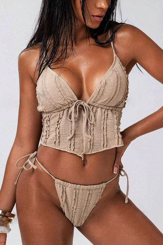 Fashionable Ruffled Tie-up Stretch Two-piece Bikini Swimsuit