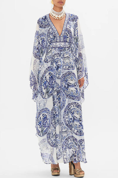 Blue and White Porcelain Print V-Neck Waist Loose Maxi Dress
