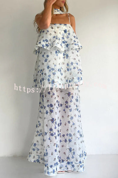 Ameile Organza Floral Print Tiered Slip Square Neck Scarf A-line Maxi Dress
