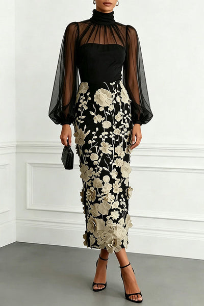 Tanie Tulle High Neck Long Lantern Sleeve 3D Floral Appliqués Hem Midi Dress