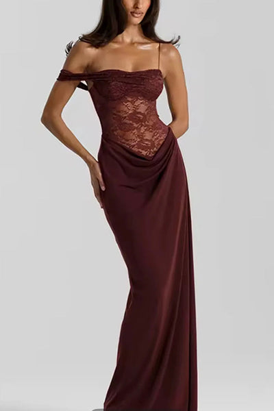 Sexy See-Through Lace Suspender Slim Slit Maxi Dress