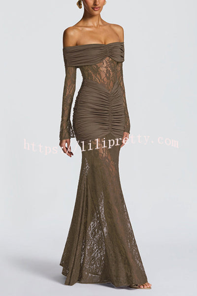 Solid Color Patchwork Lace Off-shoulder Long-sleeved Pleated Slim-fit Maxi Dress