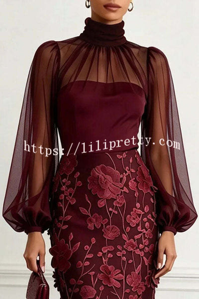 Tanie Tulle High Neck Long Lantern Sleeve 3D Floral Appliqués Hem Midi Dress