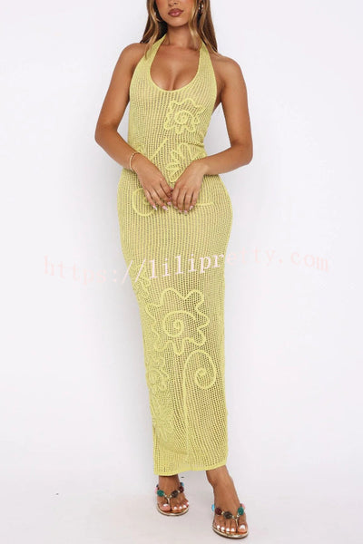 Solid Color Openwork Knit Backless Slim Fit Vacation Cover-up Maxi Dress
