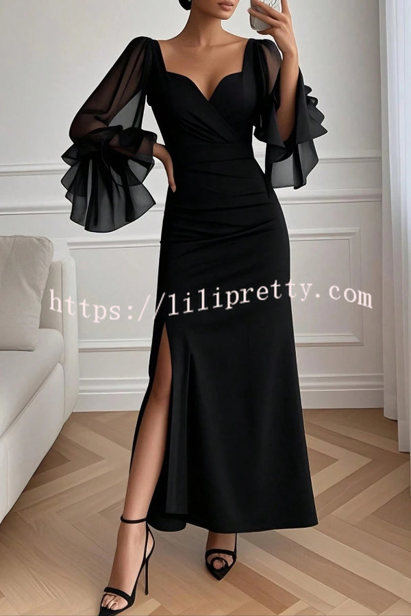 Solid Color V-neck Flared Long Sleeve Elegant High Slit Maxi Dress
