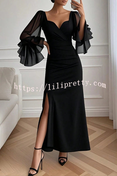 Solid Color V-neck Flared Long Sleeve Elegant High Slit Maxi Dress