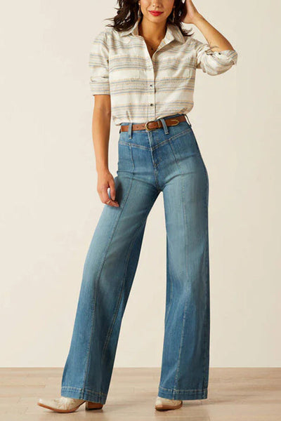 Fashion High Waist Casual Pocket Drape Stretch Straight Jeans