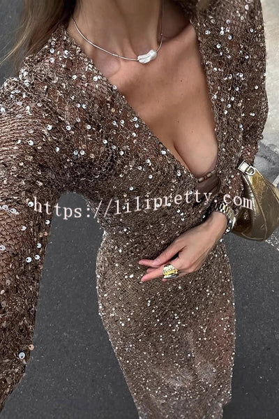 Fashion Sequined Hollow V-neck Long-sleeved Holiday Midi Dress