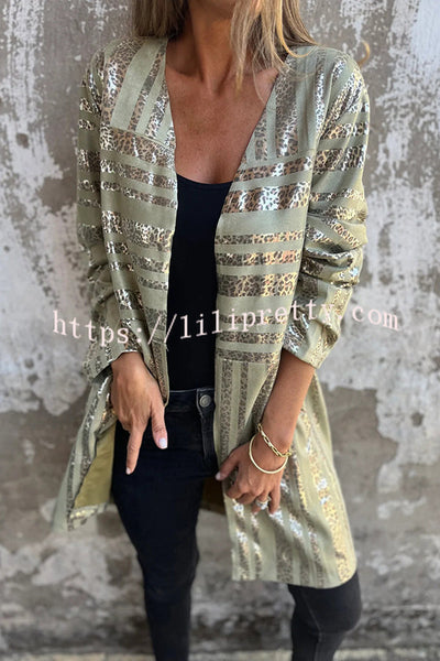 Fashionable Gold Foil Leopard Print Suede Long Sleeve Loose Pocket Midi Coat