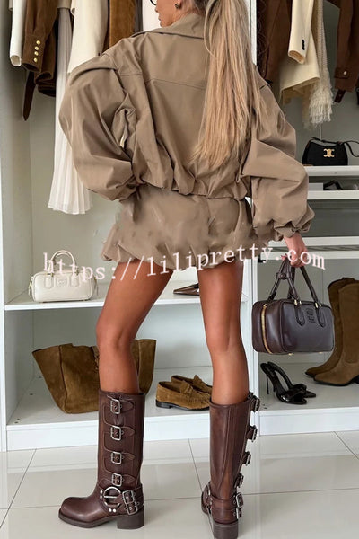 Fashion Style Button Long Balloon Sleeve Pocket Lapel Casual Bomber Jacket