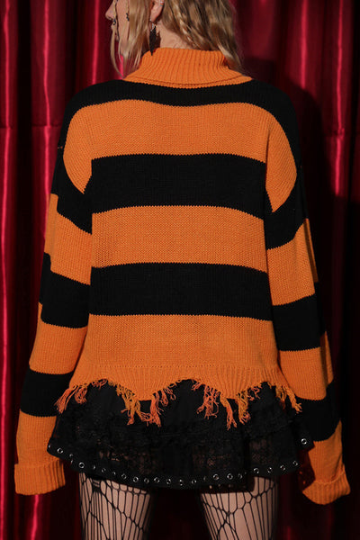 Halloween Bat Embroidered Turtleneck Loose Striped Knitted Sweater
