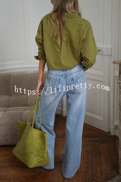 Stylish Denim Colorblock Star Patterned Mid Waist Pocket Wide Leg Jeans