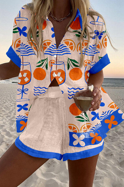 Orange Drink Print Loose Button Elastic Waist Shorts Set