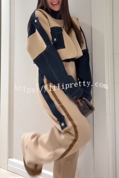 Chill Whispers Denim Patchwork Sweatshirt Fabric Striped Elastic Waist Pocket Loose Pants