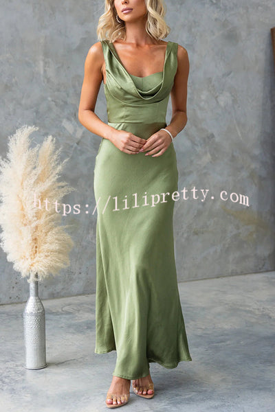Chic Muse Satin Solid Color Cowl Neck Back Tie-up Maxi Dress