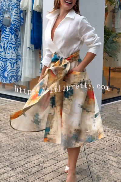 Jiles Linen Blend Unique Contrast Print Long Sleeve Tie-up Pocket Shirt Midi Dress