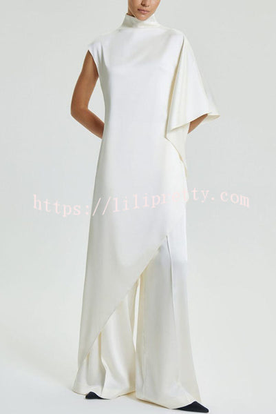 Kallena Satin High Neck Irregular Sleeves Midi Top and High Rise Pocket Loose Pants Set