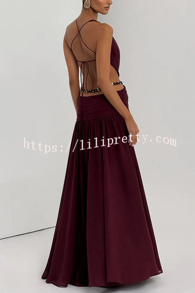 Kinara Leopard Print Deep V-neck Metal Flower Hollow Beads Detail Slit Maxi Dress