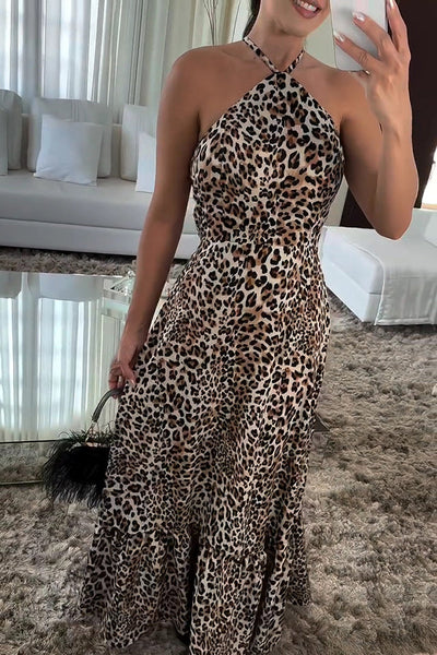 Leopard Print Sexy Halterneck Backless Lace-up Maxi Dress