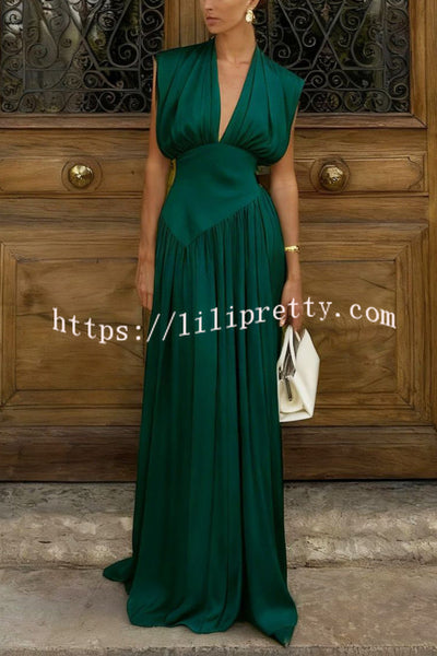 Elegant V-neck Sleeveless Fitted Waist High Slit Vacation Maxi Dress