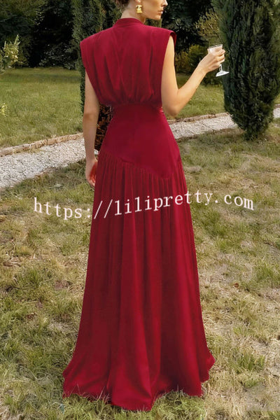 Elegant V-neck Sleeveless Fitted Waist High Slit Vacation Maxi Dress