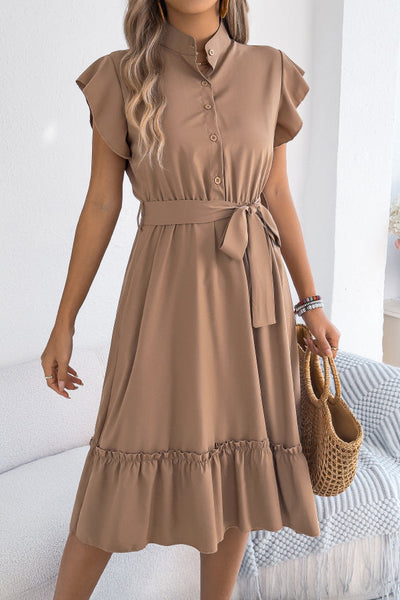 Solid Color Stand Collar Button Waist Tie Casual Midi Dress