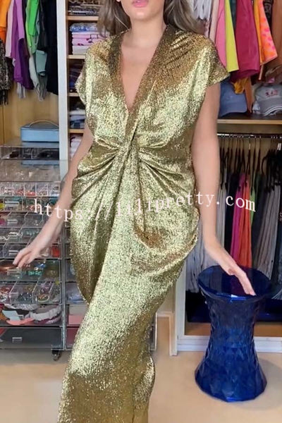 Kosia Metallic Fabric Center Front Pleated Twist Short Sleeve Slit Loose Maxi Dress