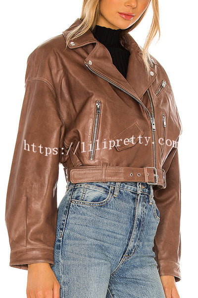 Fashion Lapel Long Sleeve Casual Zipper Pocket Leather Jacket