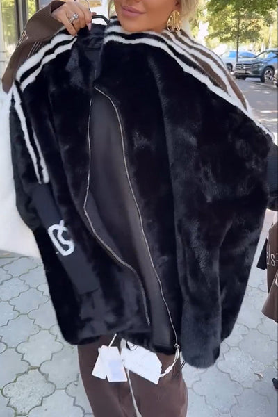 Fashion Sports Stripe Print and Ribbed Embroidered Long Sleeve Zipper Stand Nack Pocket Plush Coat