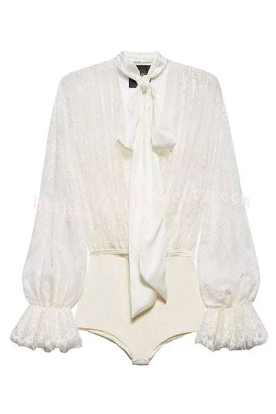 Classical Charm Sheer Lace Bow Neck Balloon Sleeve Drape Stretch Bodysuit