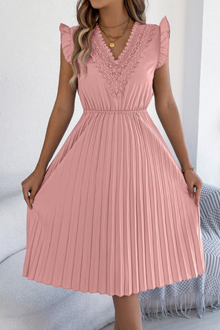 Solid Color V-neck Lace-trimmed Sleeveless Casual Pleated Midi Dress