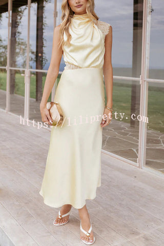 Touch of Allure Satin Drape High Neck Lace Detail Maxi Dress