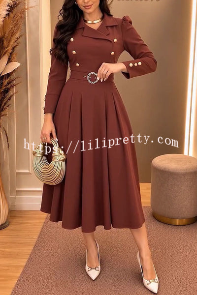 Velora Double Metal Buttons Long Sleeve Belted Pleated Hem Lapel Midi Dress