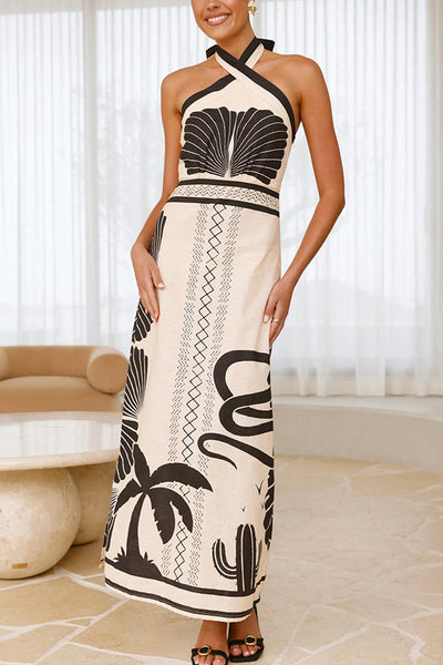Shell Print Holiday Style Halter Neck Maxi Dress