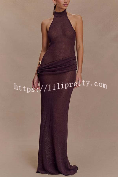 Quiet Confidence Knit Ruched Hip Halter Backless Stretch Maxi Dress