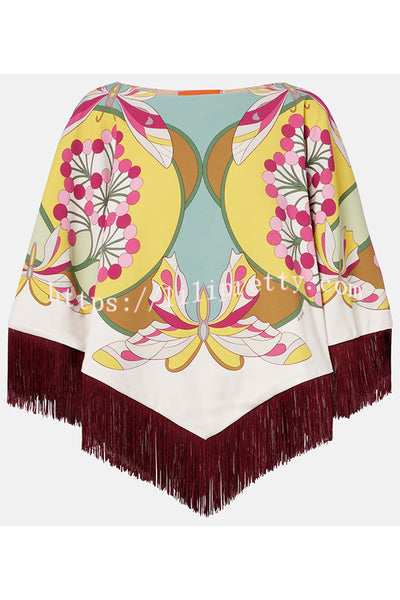 Ethnic-style Floral Pattern Tassel Trim Loose Cape Top