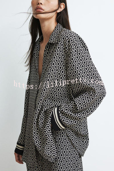 Unique Print Lapel Long Sleeve Loose Shirt and Elastic Waist Casual Pocket Wide Leg Pants Set