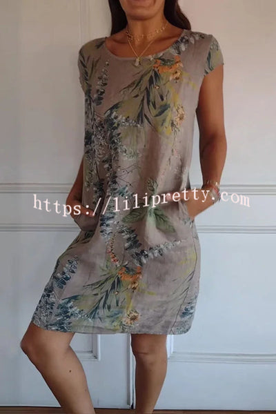 Botanical Print Linen Blend Crew Neck Short Sleeve Pocket Mini Dress