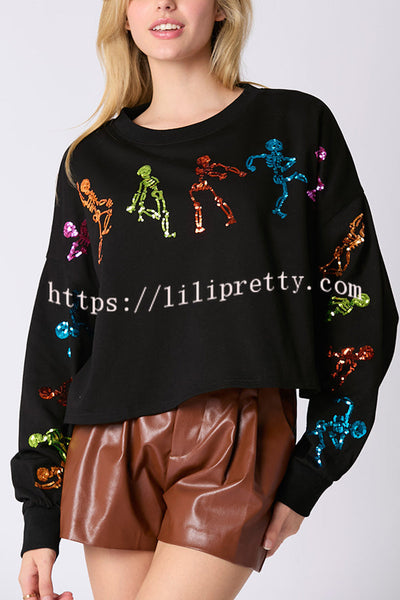 Halloween Skull Sequin Loose Crop Casual Sweatshirt
