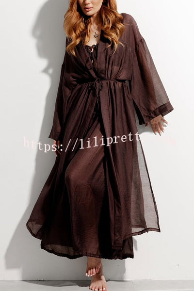 Flowy Linen Blend Halter Tank & Elastic Waist Tie-up Wide Leg Pants & Kimono Cover-Ups 3pieces Set